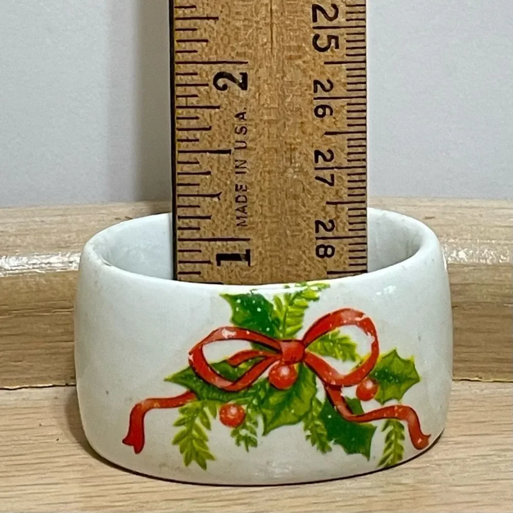Porcelain Poinsettia & Holly Christmas Napkin Rings Festive Holiday Design 3 Set